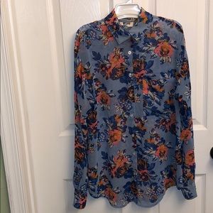 Sheer floral button up worn pockets